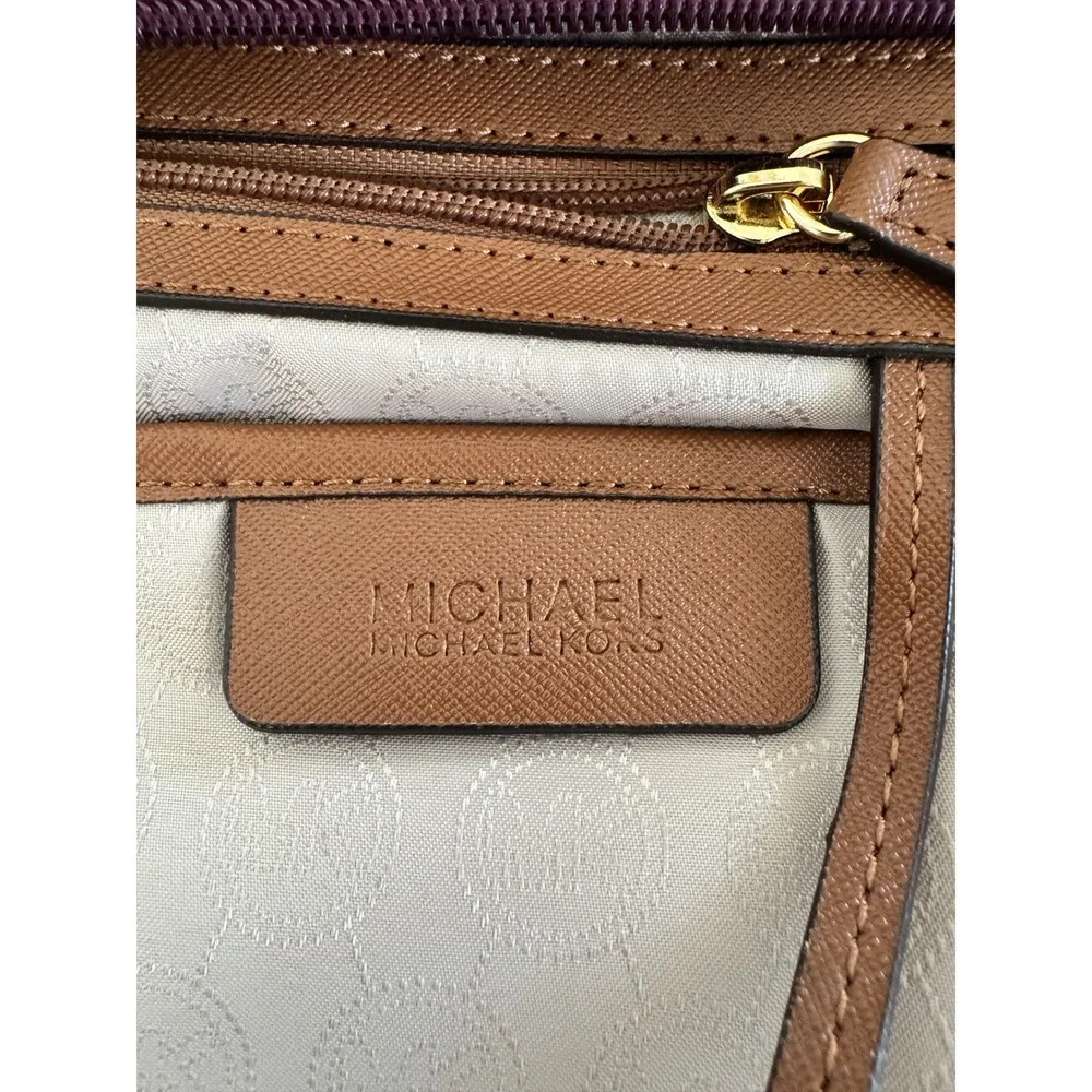Michael Kors Burgundy Nylon Crossbody Bag Tan Leather Trim Gold Hardware AI-1205